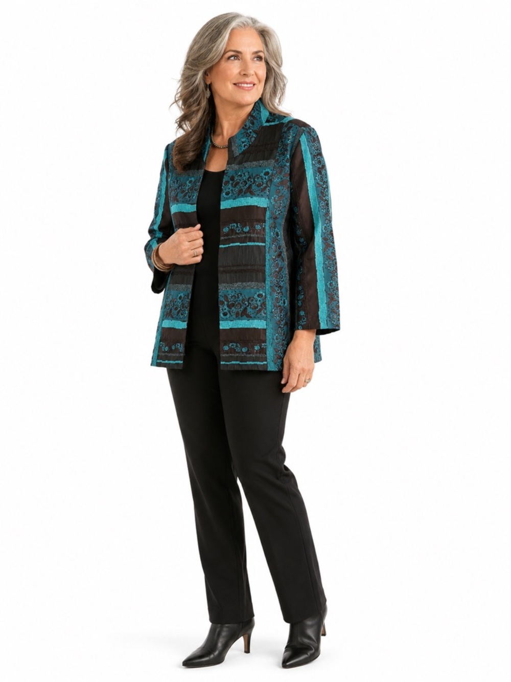 Picadilly Teal Black Patterned Open Front Jacket M Maximalist Art to Wear